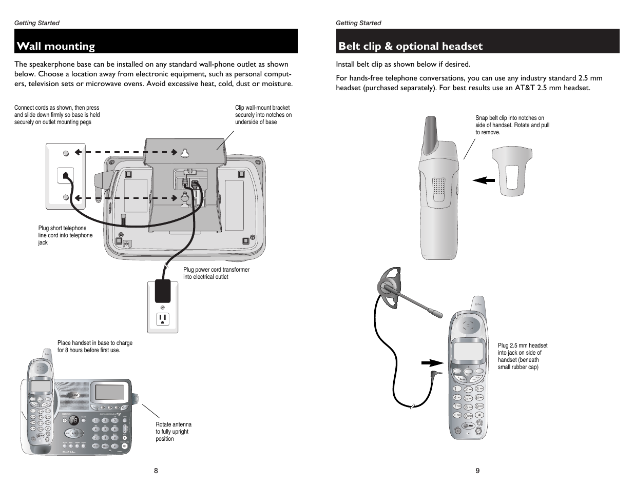 Belt clip & optional headset, Wall mounting | GN Netcom E2555 User Manual | Page 6 / 25