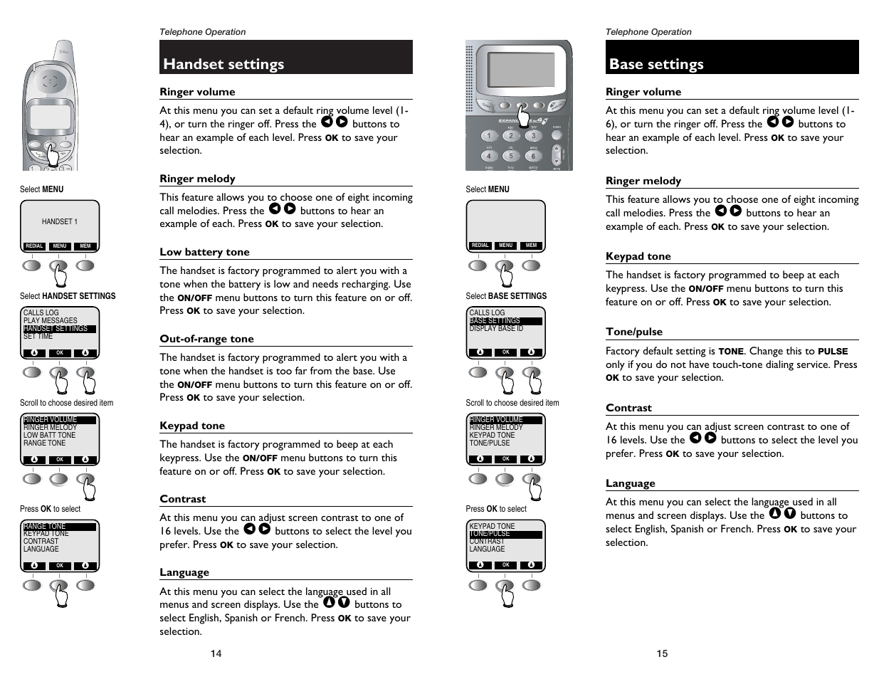 Handset settings, Base settings | GN Netcom E2555 User Manual | Page 9 / 25