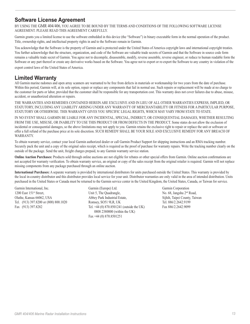 Software license agreement, Limited warranty | Garmin GMR 190-00669-02 User Manual | Page 15 / 17