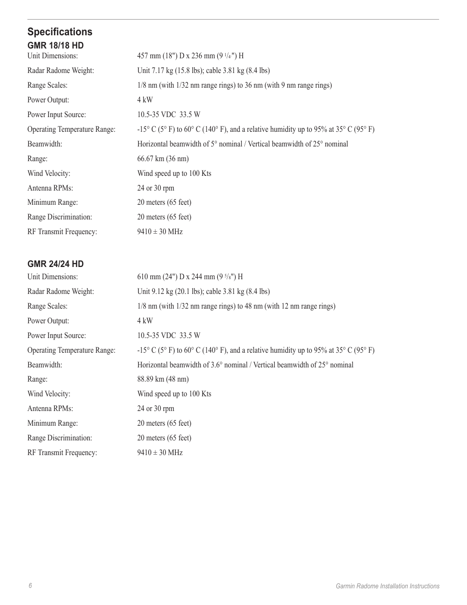 Specifications | Garmin GMR24 Hd User Manual | Page 8 / 12