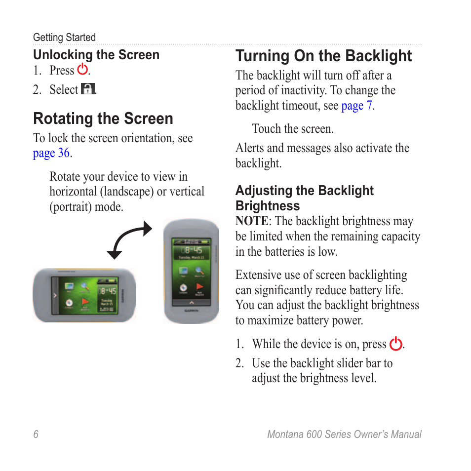 Rotating the screen, Turning on the backlight | Garmin montana 600 User Manual | Page 10 / 70