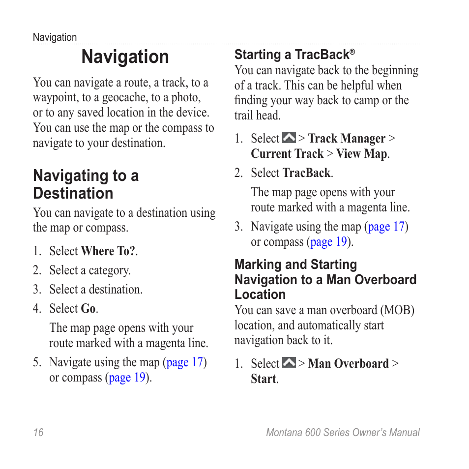 Navigation, Navigating to a destination, Navigate to a destination | Garmin montana 600 User Manual | Page 20 / 70