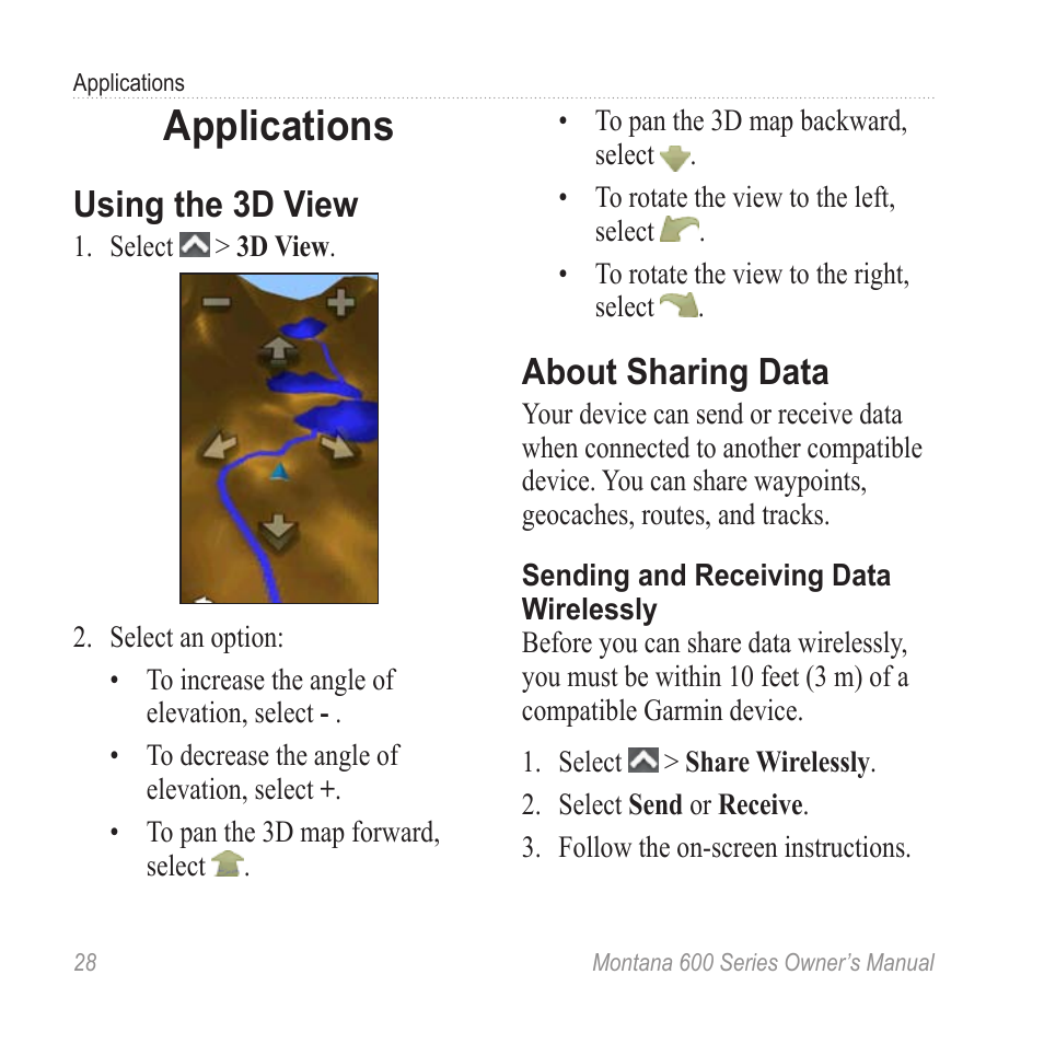 Applications, Using the 3d view, About sharing data | Garmin montana 600 User Manual | Page 32 / 70