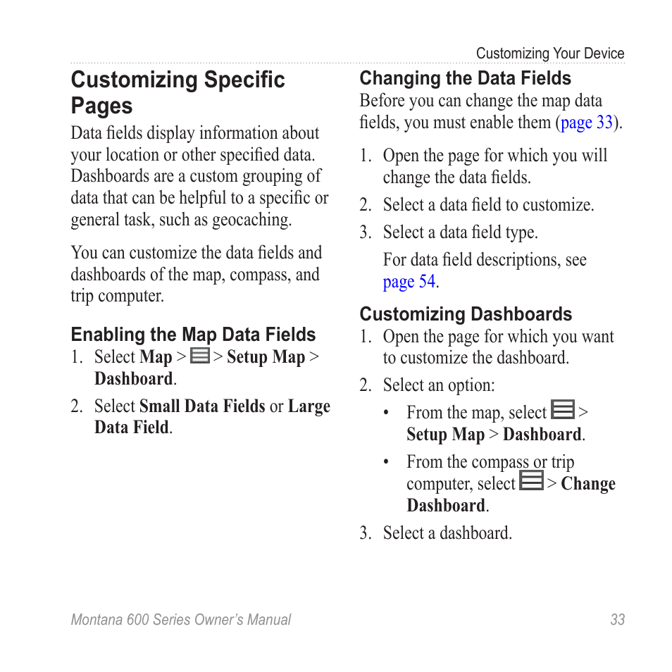 Customizing specific pages | Garmin montana 600 User Manual | Page 37 / 70