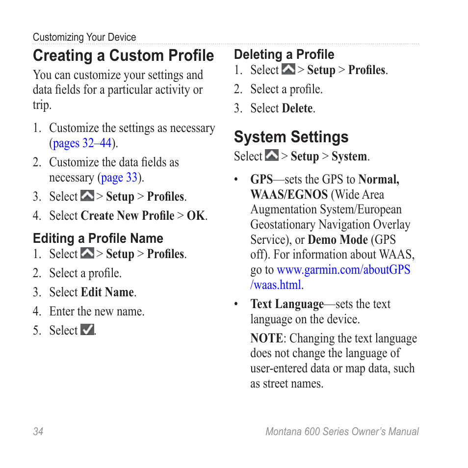 Creating a custom profile, System settings | Garmin montana 600 User Manual | Page 38 / 70