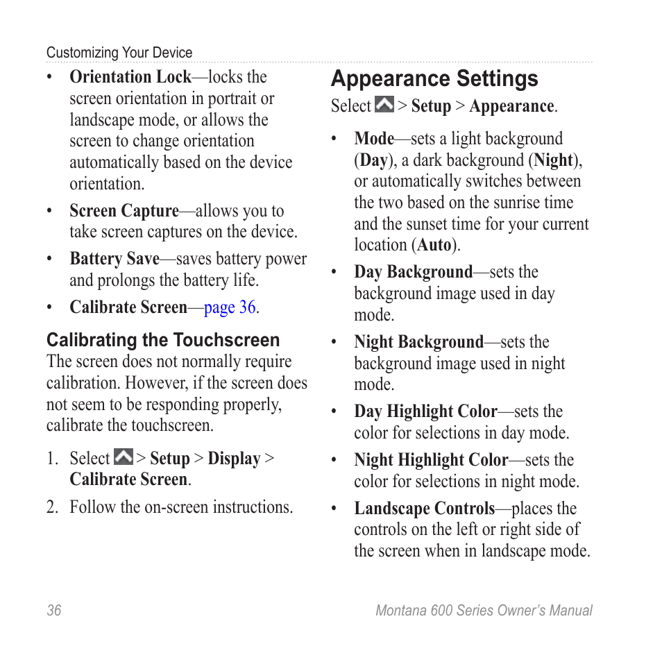Appearance settings | Garmin montana 600 User Manual | Page 40 / 70