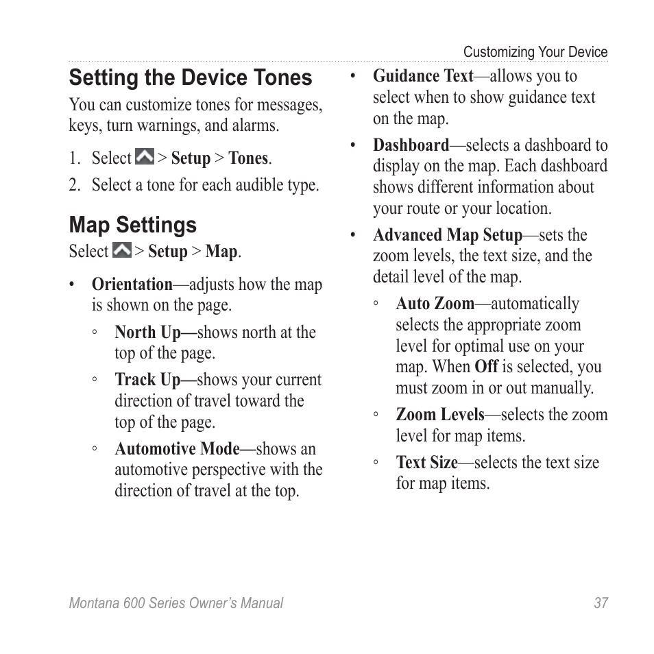 Setting the device tones, Map settings | Garmin montana 600 User Manual | Page 41 / 70
