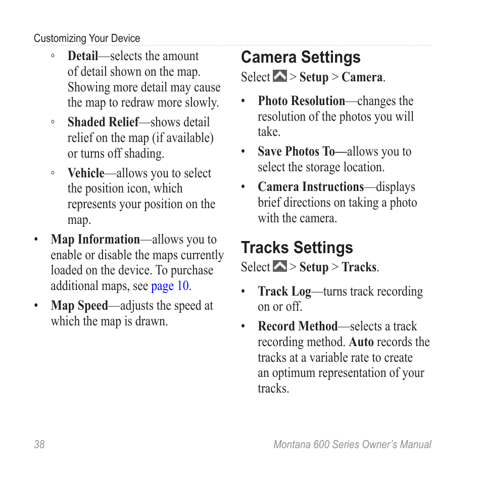 Camera settings, Tracks settings | Garmin montana 600 User Manual | Page 42 / 70