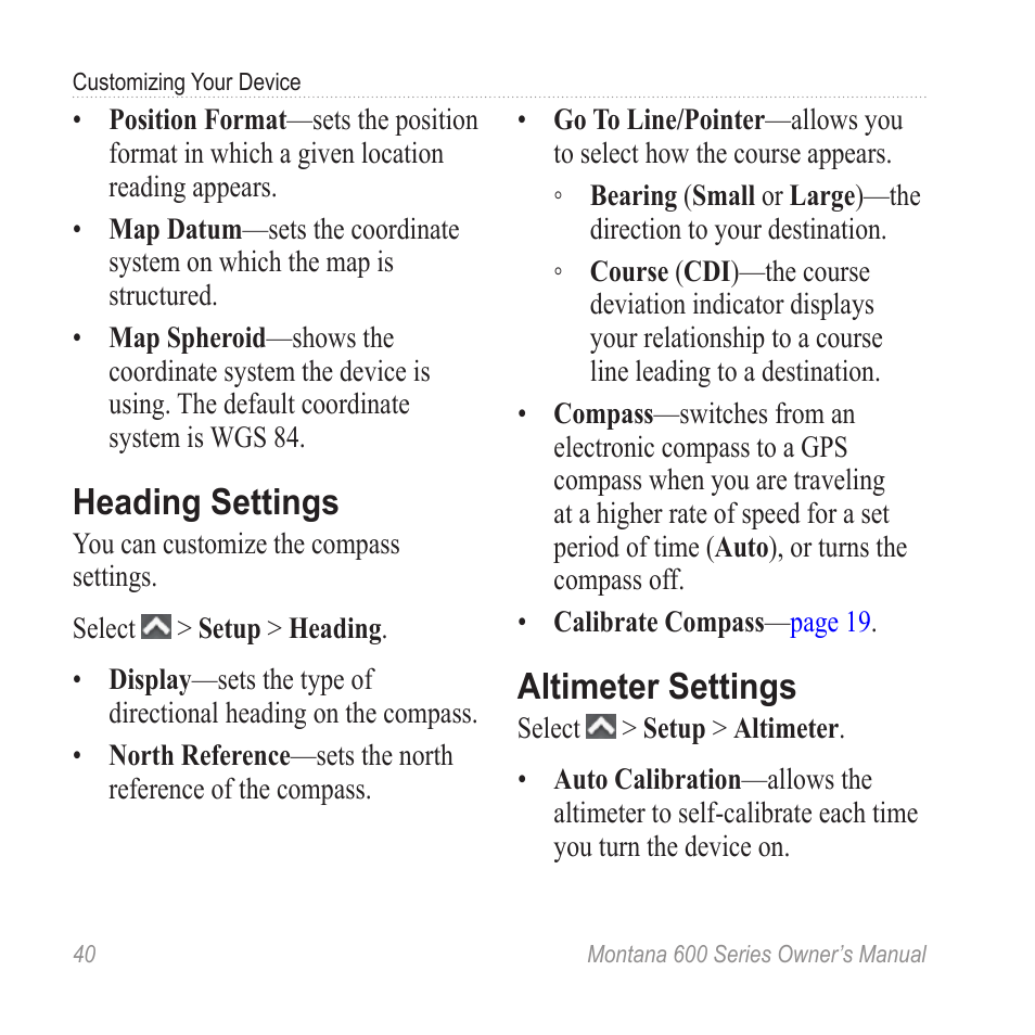 Heading settings, Altimeter settings | Garmin montana 600 User Manual | Page 44 / 70