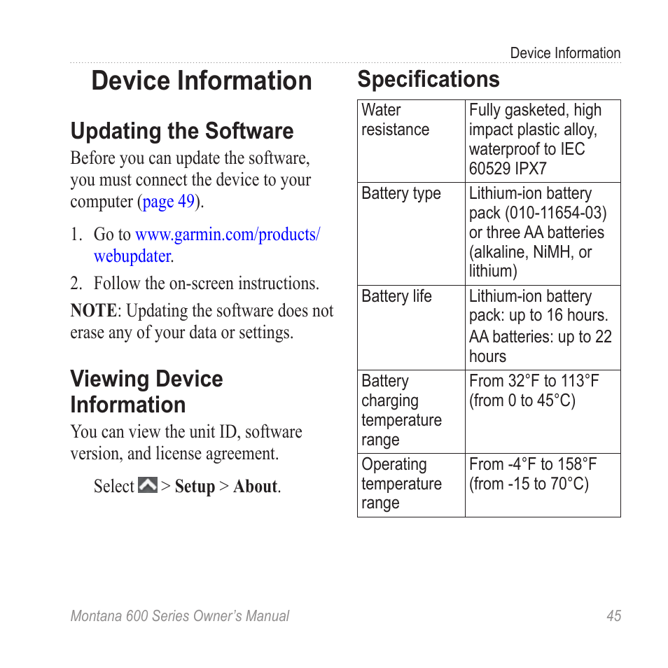 Device information, Updating the software, Viewing device information | Specifications | Garmin montana 600 User Manual | Page 49 / 70