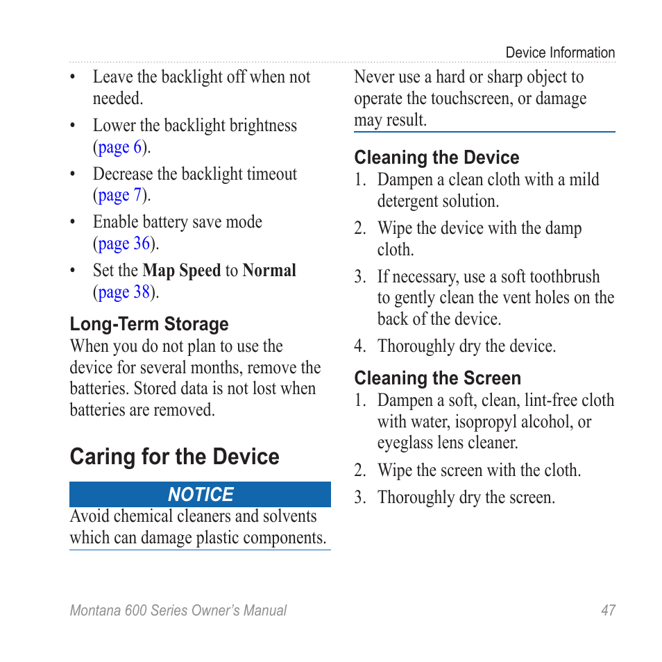 Caring for the device | Garmin montana 600 User Manual | Page 51 / 70