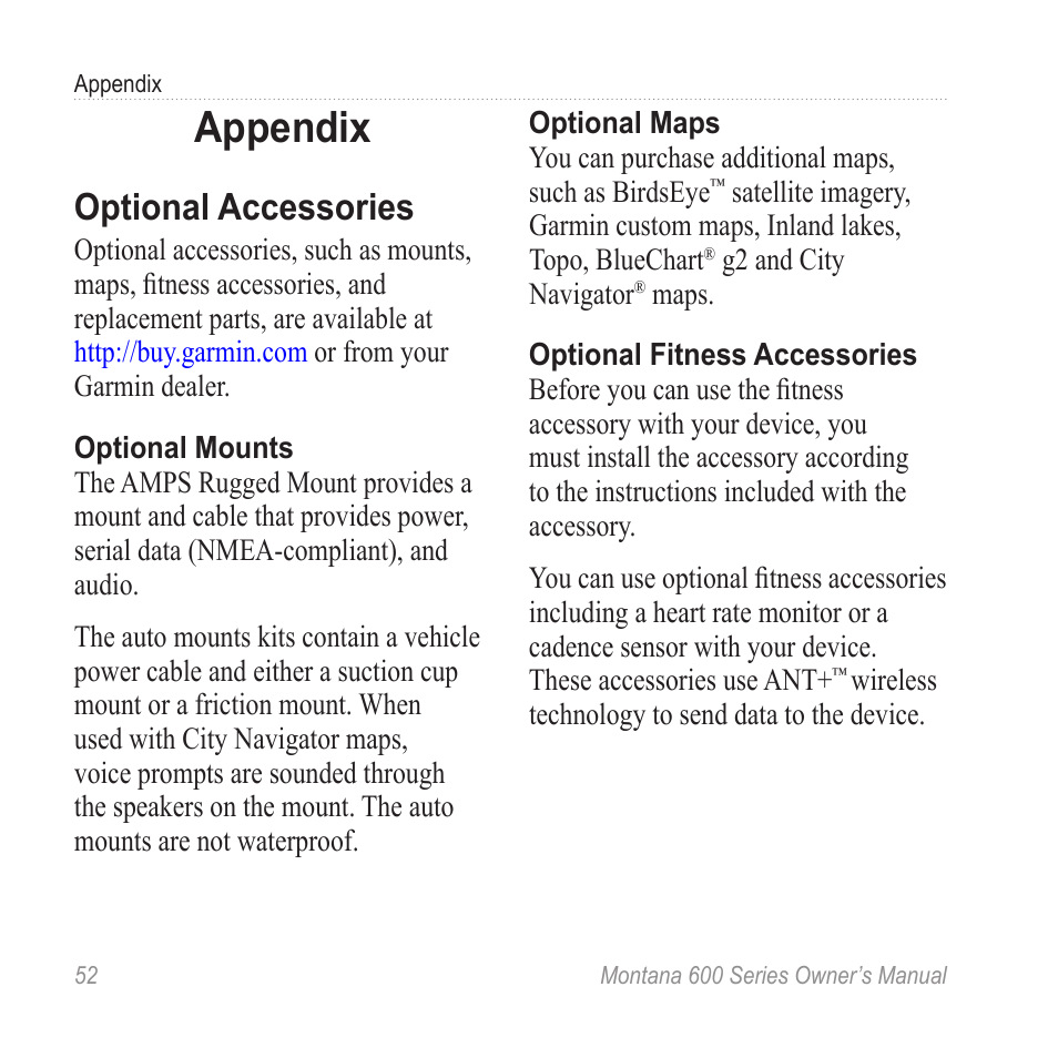 Appendix, Optional accessories | Garmin montana 600 User Manual | Page 56 / 70