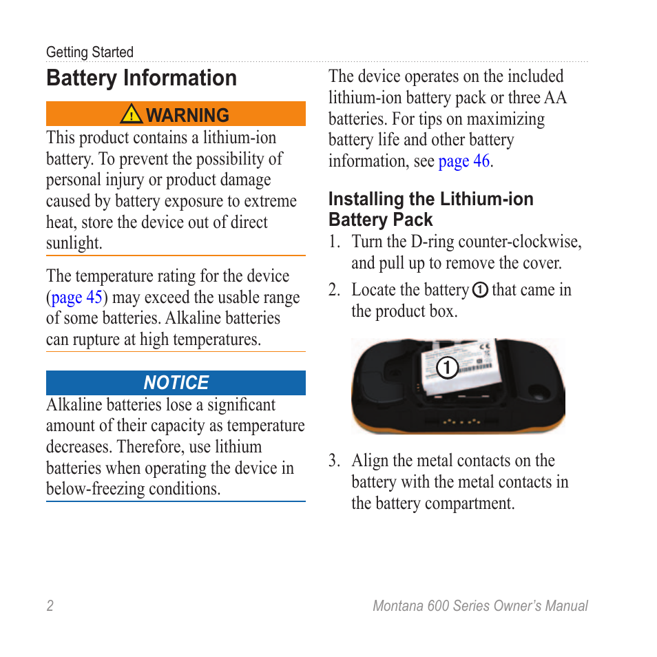 Battery information, Install the batteries | Garmin montana 600 User Manual | Page 6 / 70