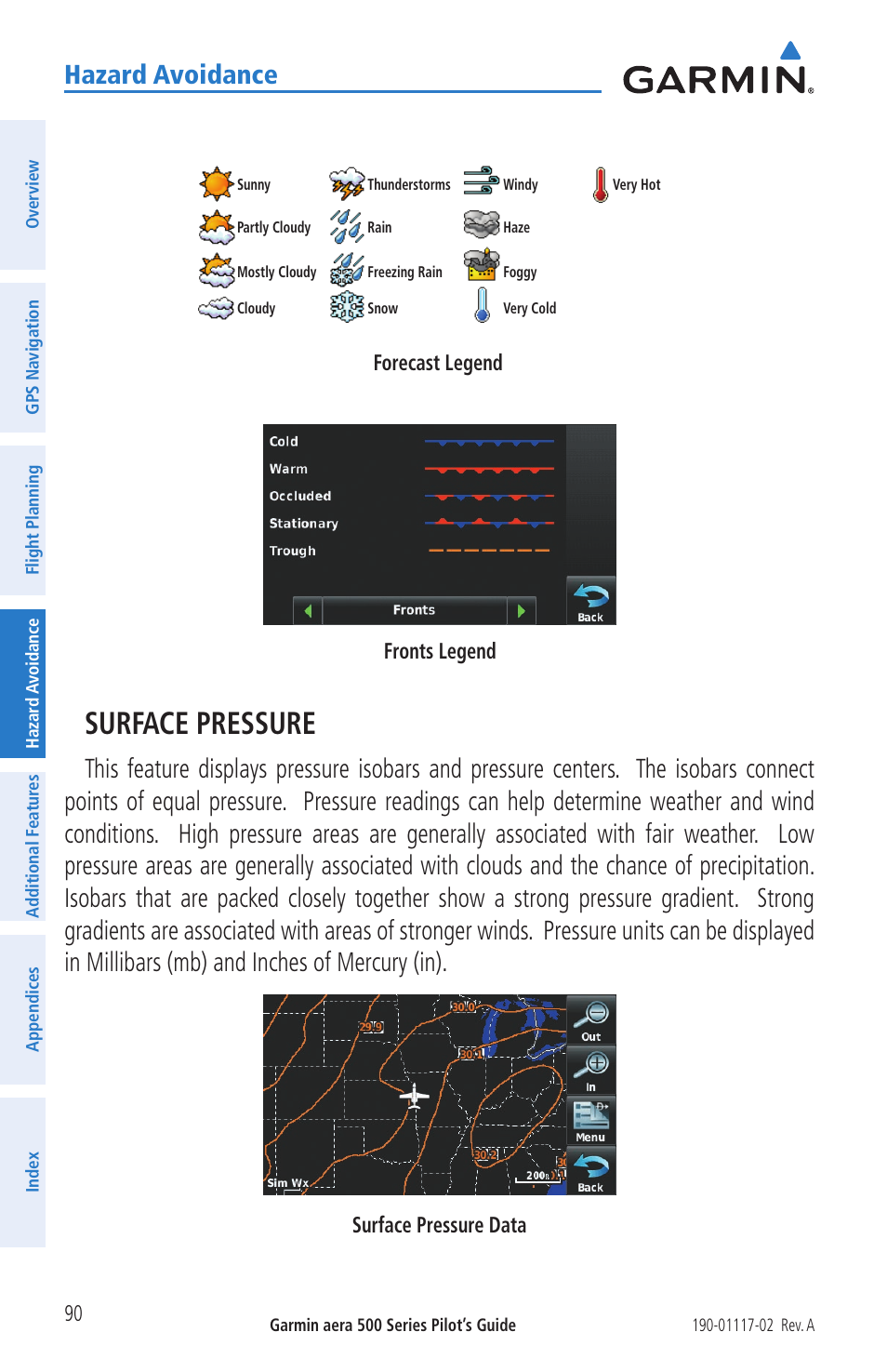 Surface pressure, Hazard avoidance, Forecast legend | Fronts legend, Surface pressure data | Garmin aera 500 User Manual | Page 102 / 202