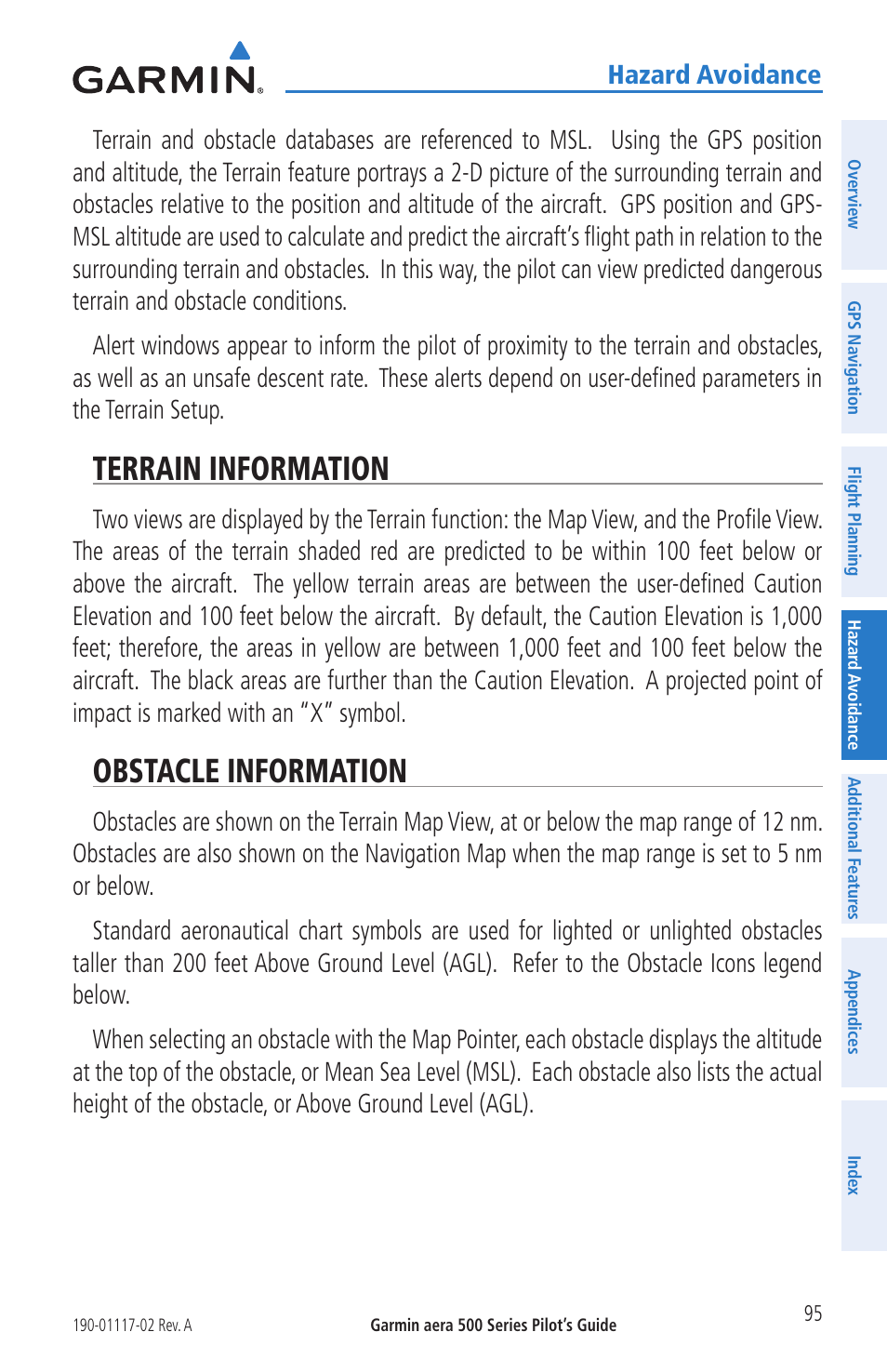 Terrain information, Obstacle information, Terrain information obstacle information | Hazard avoidance | Garmin aera 500 User Manual | Page 107 / 202