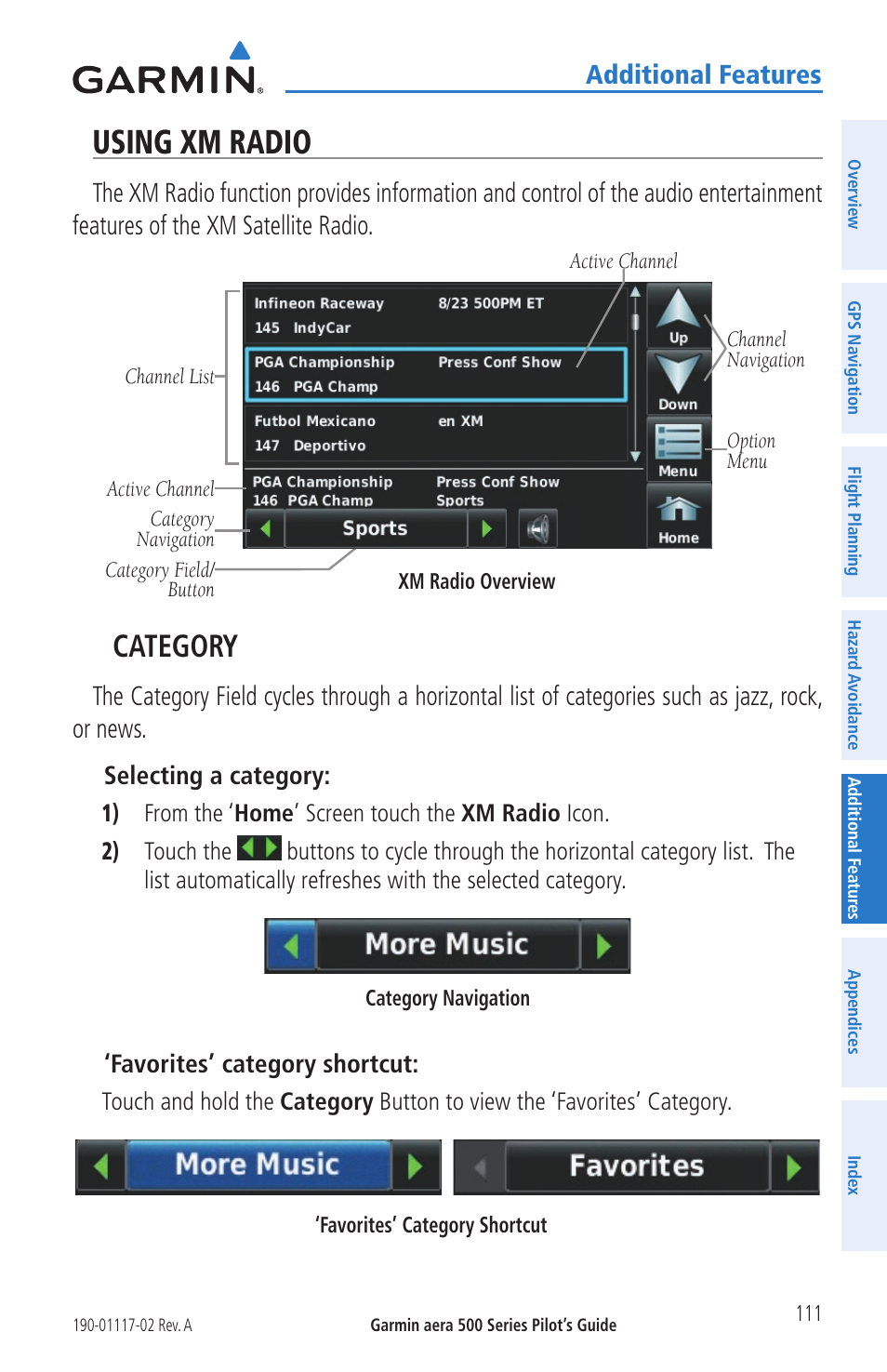 Using xm radio, Category, Additional features | Garmin aera 500 User Manual | Page 123 / 202