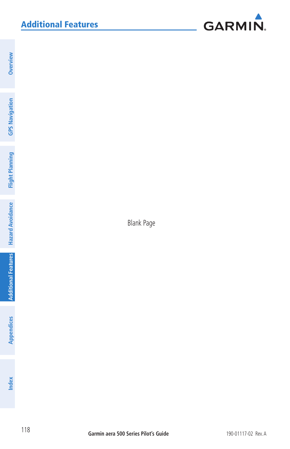 Additional features, Blank page | Garmin aera 500 User Manual | Page 130 / 202