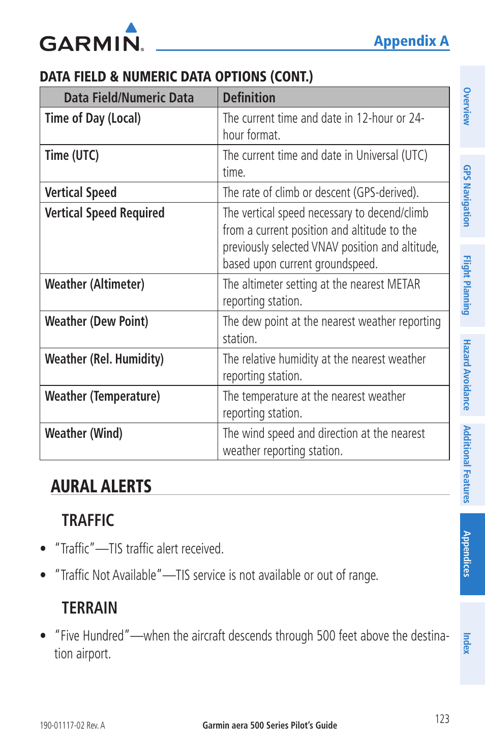 Aural alerts, Traffic, Terrain | Garmin aera 500 User Manual | Page 135 / 202