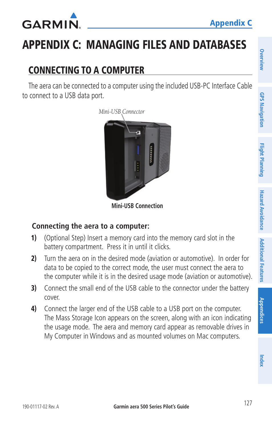 Appendix c: managing files and databases, Connecting to a computer, Appendix c | Garmin aera 500 User Manual | Page 139 / 202