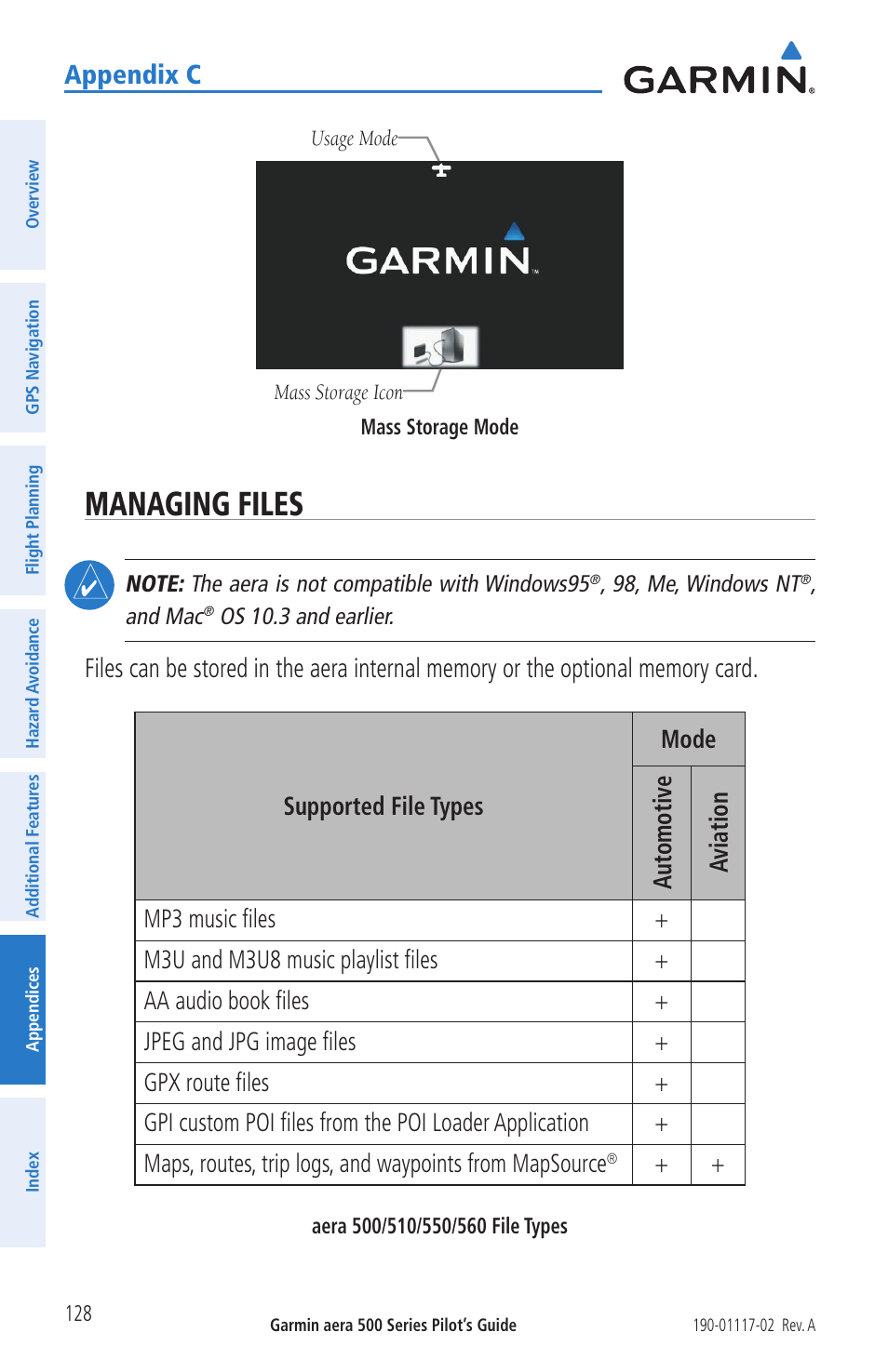 Managing files, Appendix c | Garmin aera 500 User Manual | Page 140 / 202