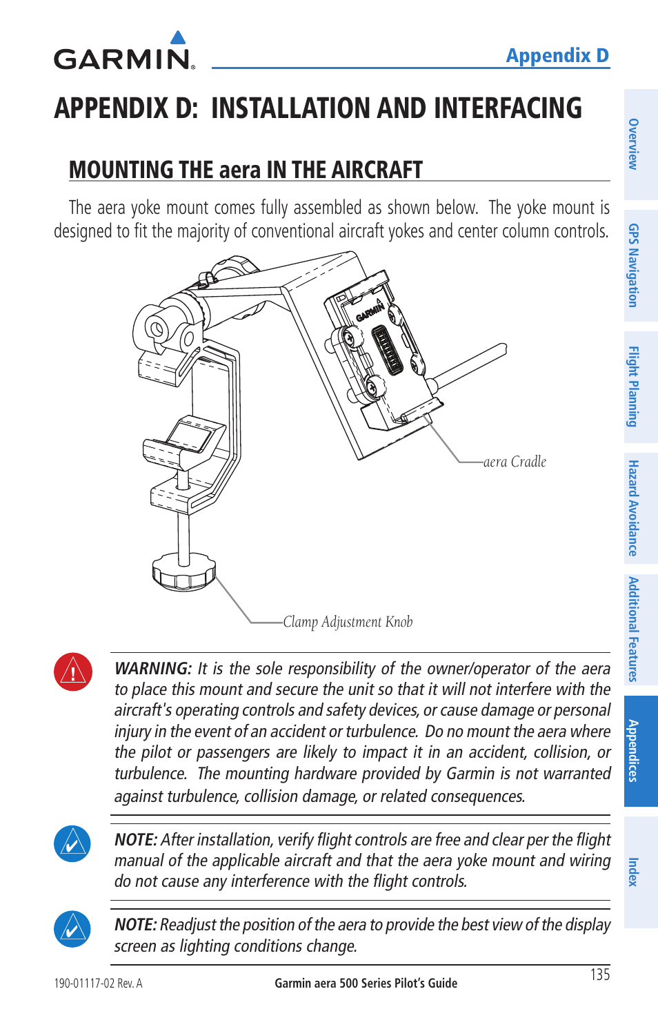 Appendix d: installation and interfacing, Mounting the aera in the aircraft, Appendix d | Garmin aera 500 User Manual | Page 147 / 202