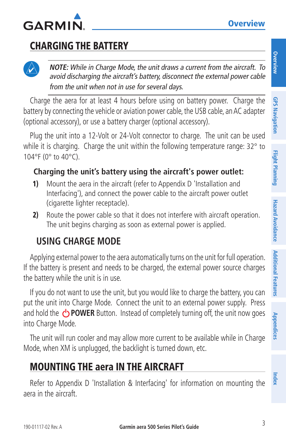 Charging the battery, Mounting the aera in the aircraft, Using charge mode | Garmin aera 500 User Manual | Page 15 / 202