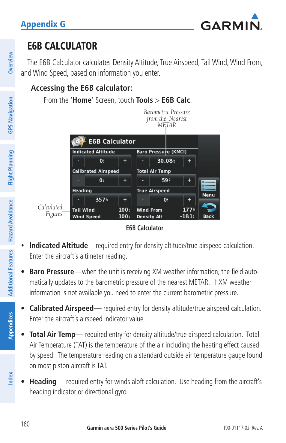 E6b calculator, Appendix g | Garmin aera 500 User Manual | Page 172 / 202