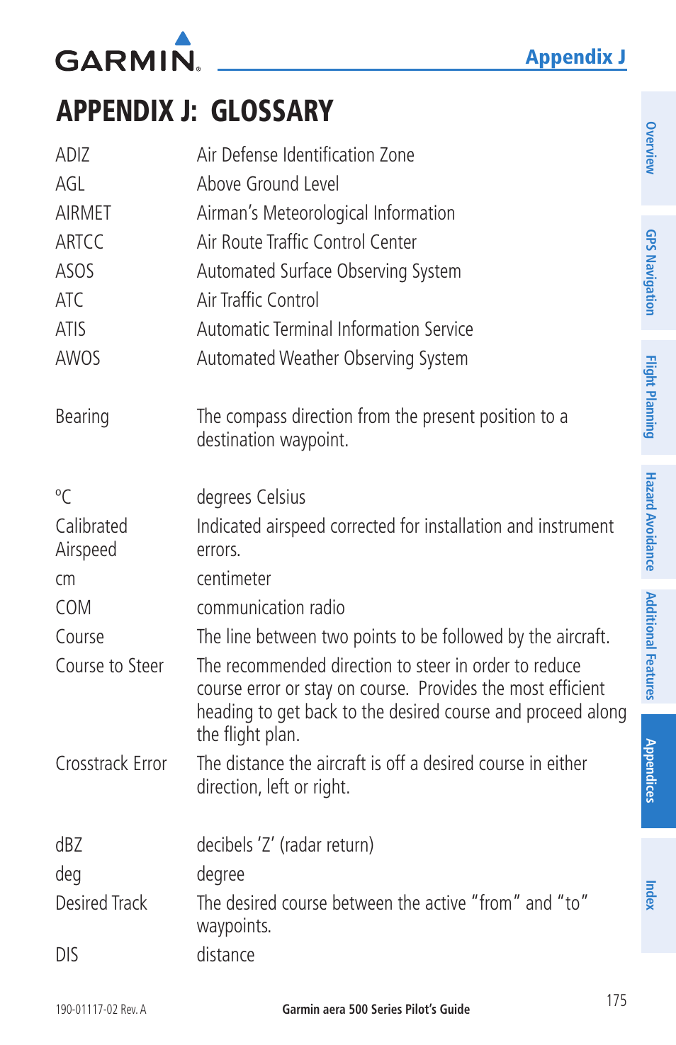 Appendix j: glossary | Garmin aera 500 User Manual | Page 187 / 202