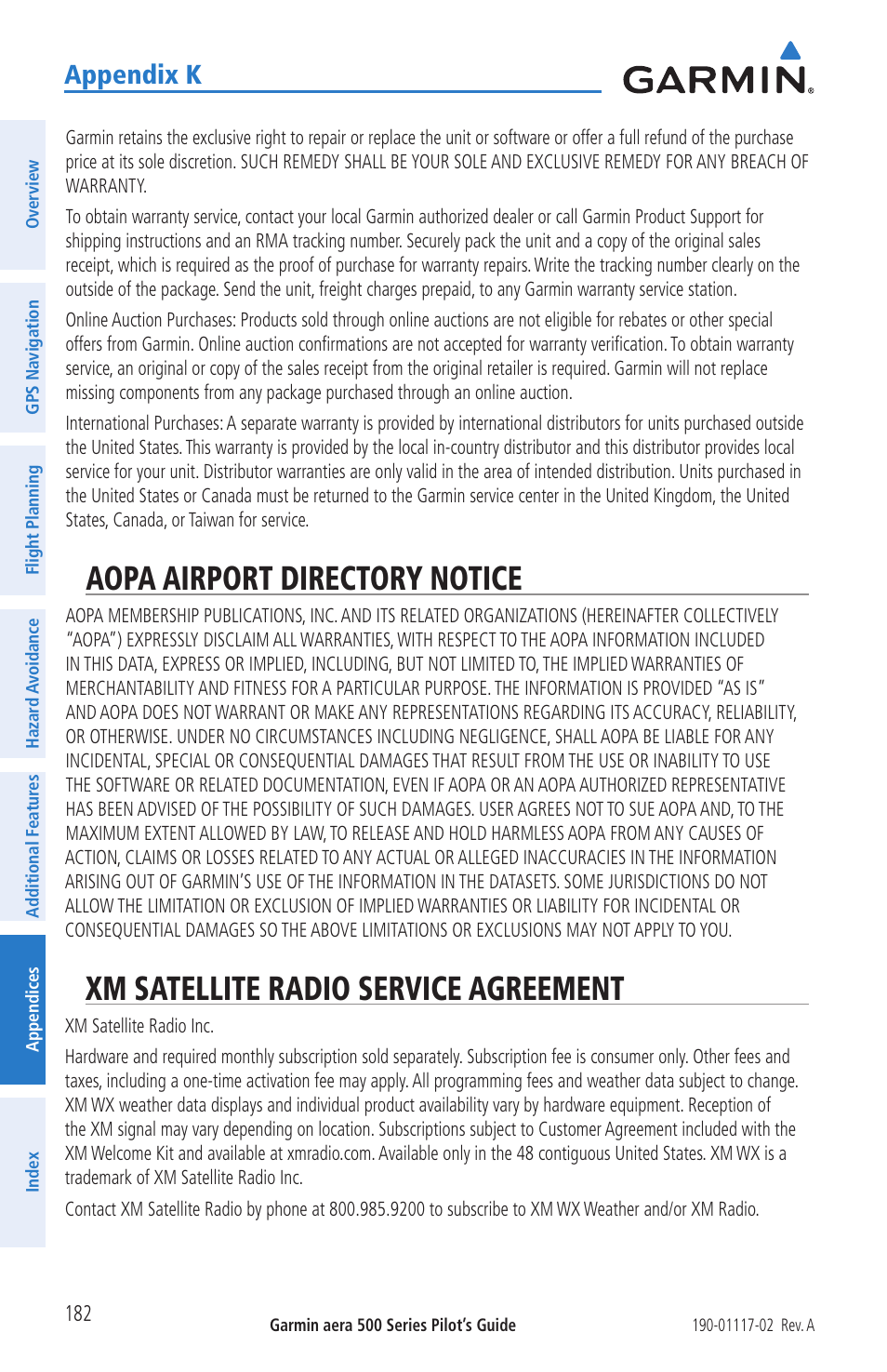 Aopa airport directory notice, Xm satellite radio service agreement, Appendix k | Garmin aera 500 User Manual | Page 194 / 202