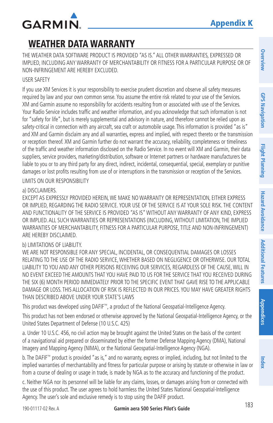 Weather data warranty, Appendix k | Garmin aera 500 User Manual | Page 195 / 202