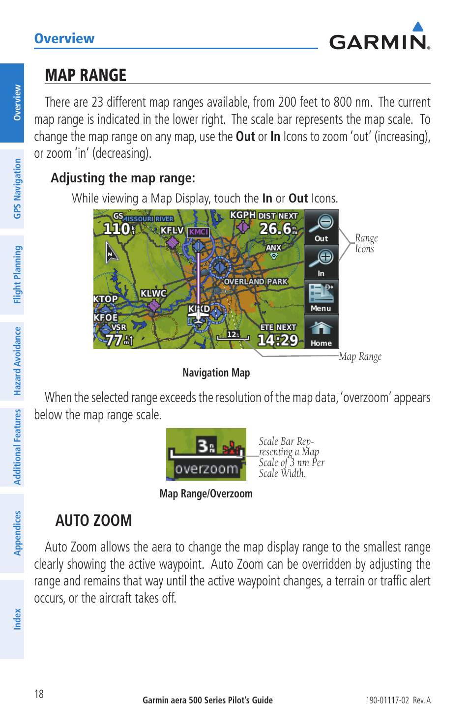 Map range, Auto zoom, Overview | Garmin aera 500 User Manual | Page 30 / 202