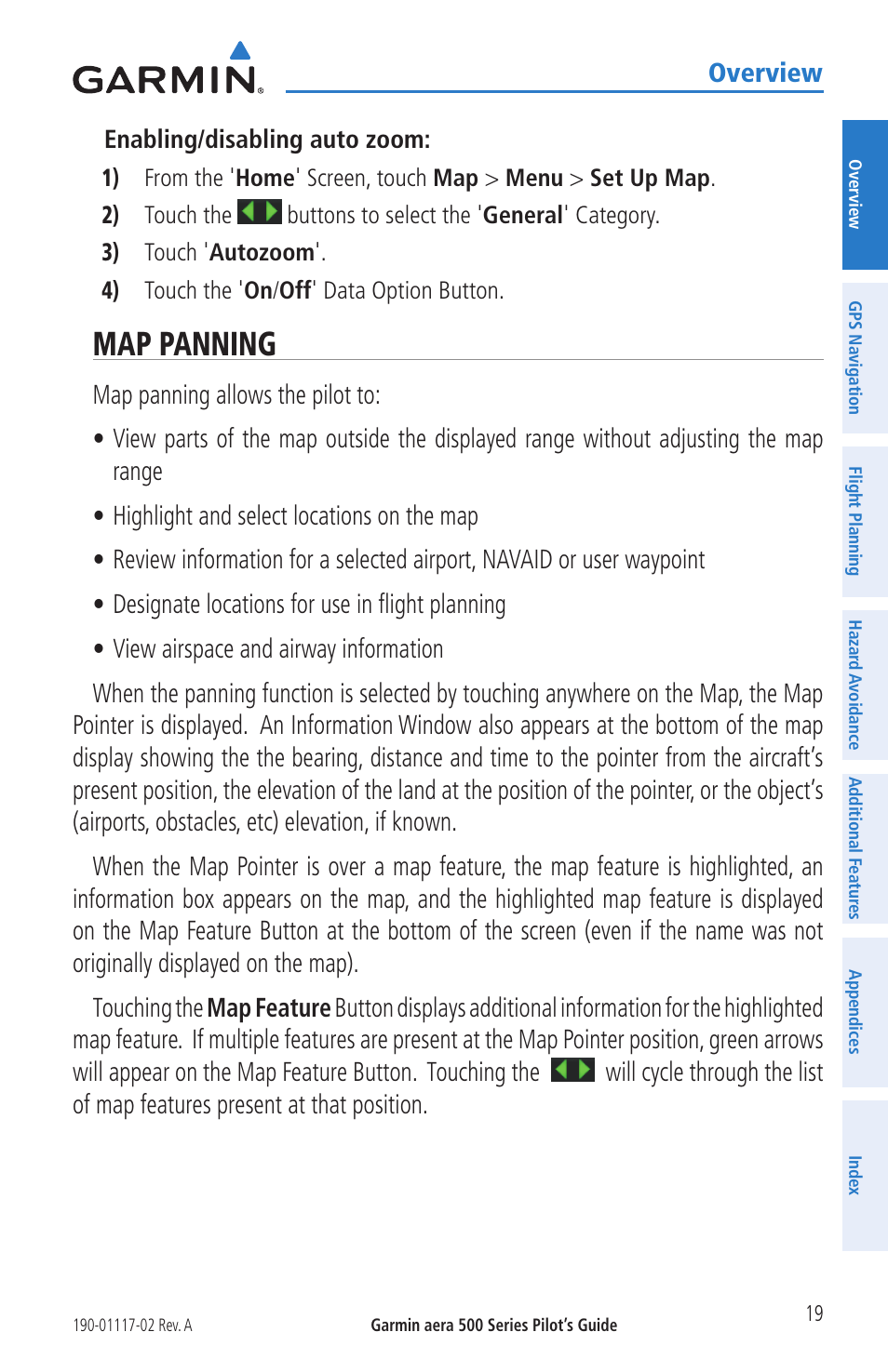 Map panning, Overview | Garmin aera 500 User Manual | Page 31 / 202