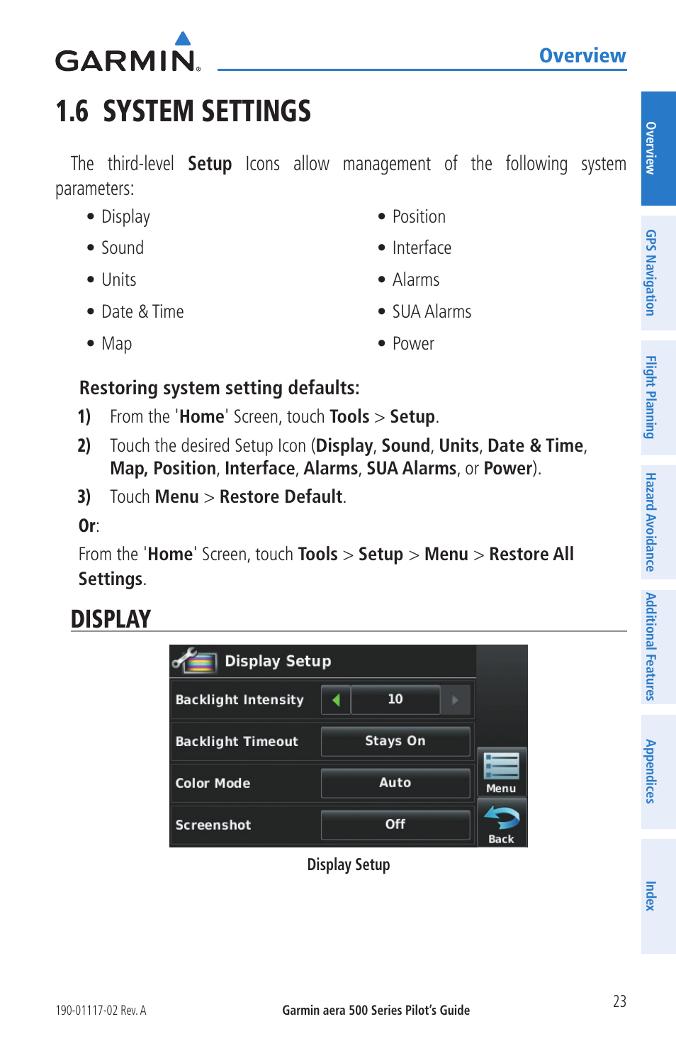 6 system settings, Display, Overview | Garmin aera 500 User Manual | Page 35 / 202