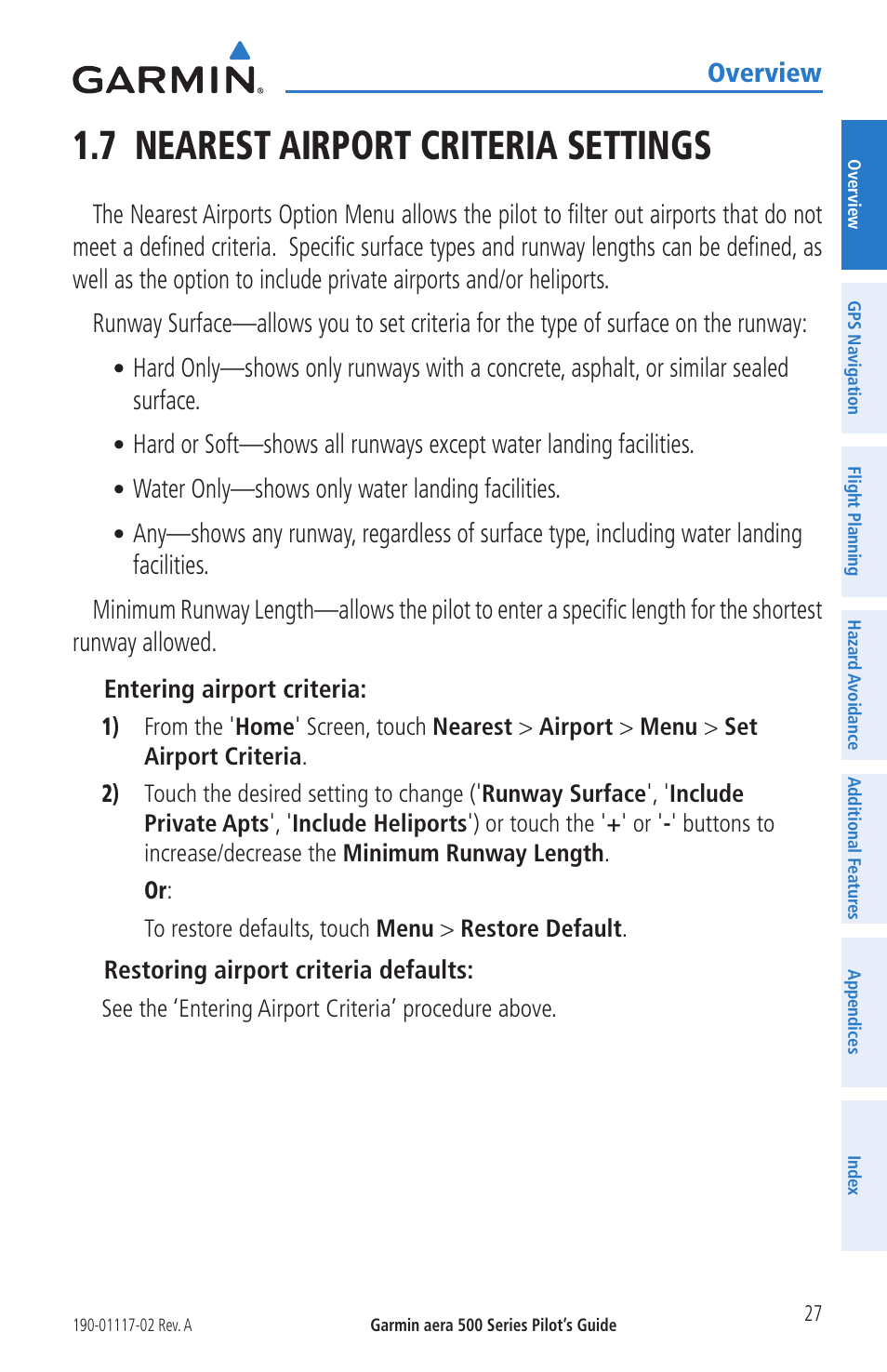 7 nearest airport criteria settings | Garmin aera 500 User Manual | Page 39 / 202