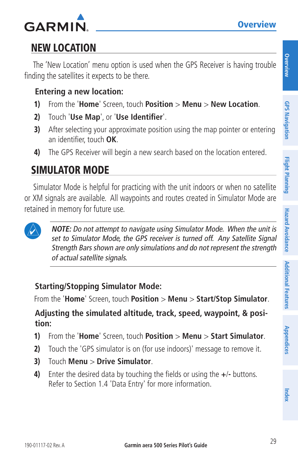 New location, Simulator mode, New location simulator mode | Overview | Garmin aera 500 User Manual | Page 41 / 202