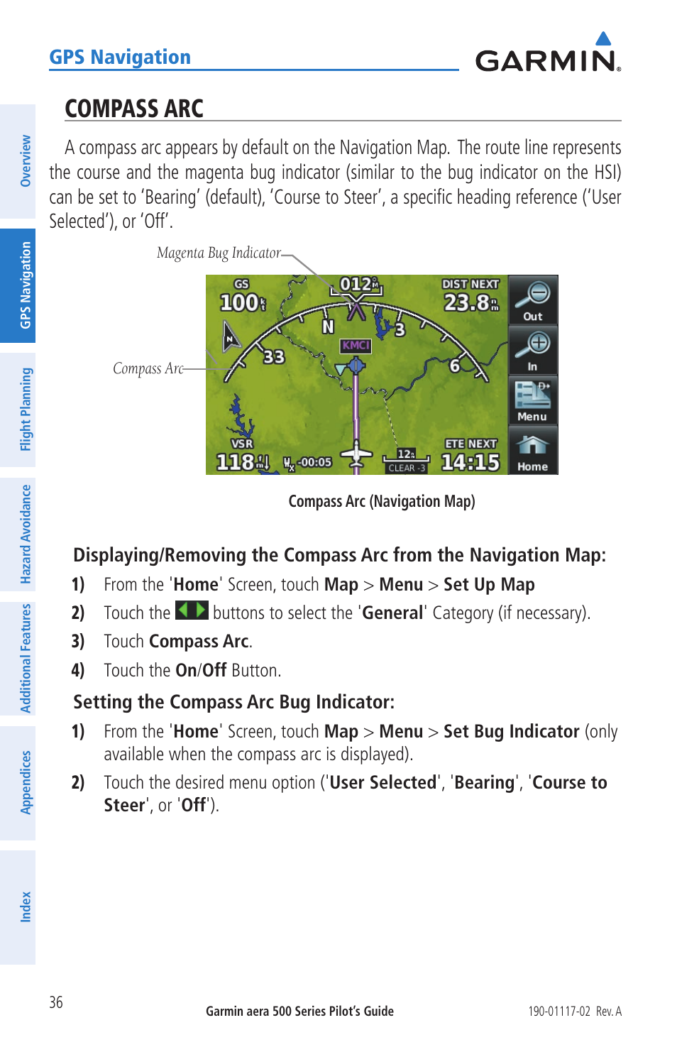Compass arc, Gps navigation, Setting the compass arc bug indicator | Garmin aera 500 User Manual | Page 48 / 202