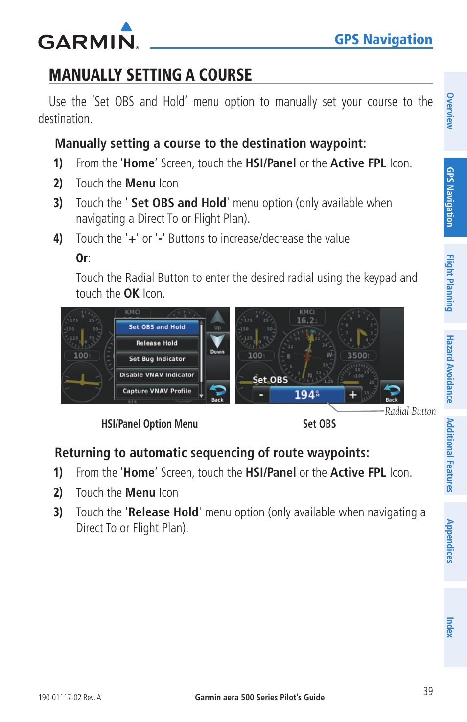 Manually setting a course, Gps navigation | Garmin aera 500 User Manual | Page 51 / 202