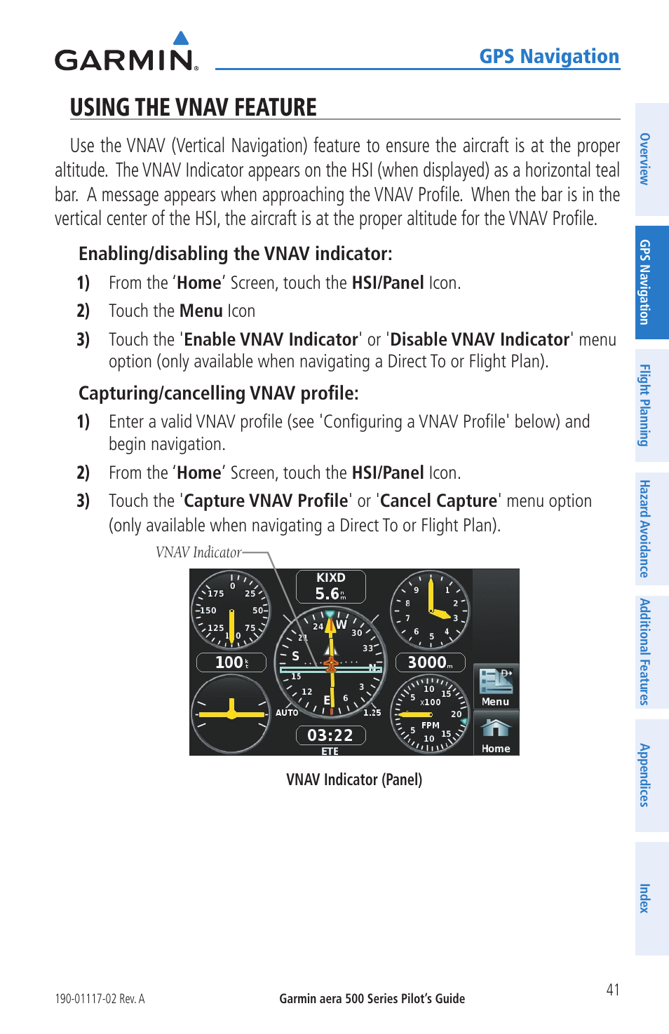 Using the vnav feature, Gps navigation, Enabling/disabling the vnav indicator | Capturing/cancelling vnav profile | Garmin aera 500 User Manual | Page 53 / 202