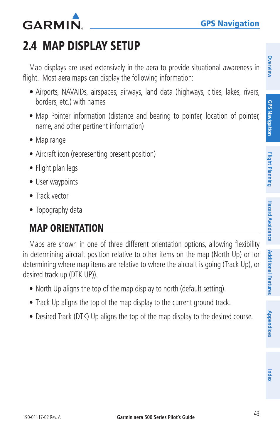 4 map display setup, Map orientation, Gps navigation | Garmin aera 500 User Manual | Page 55 / 202