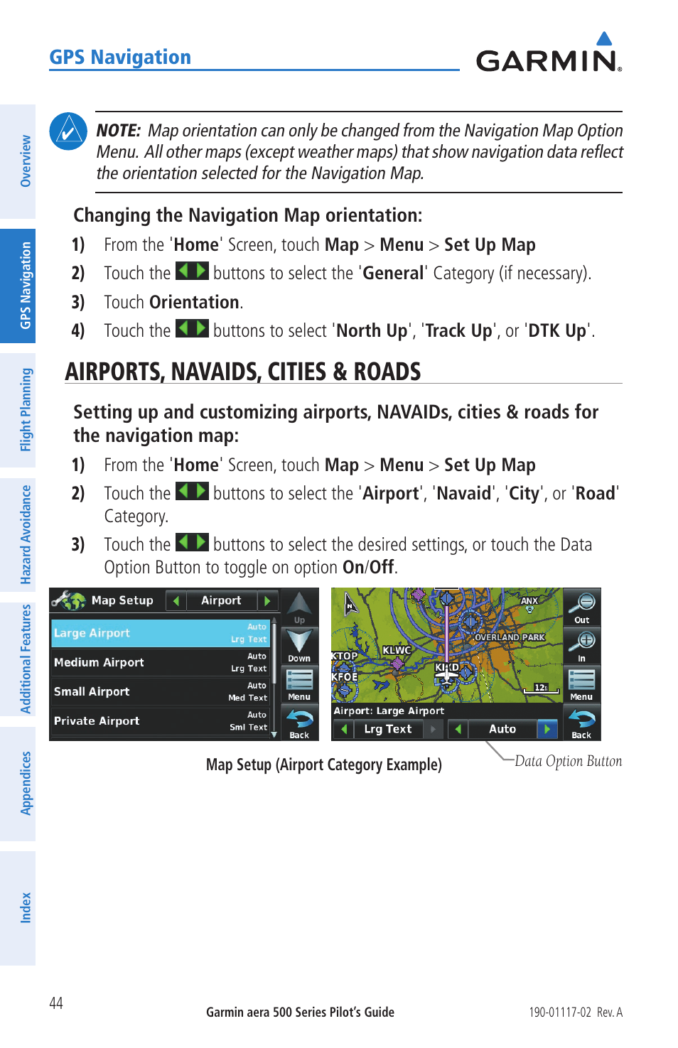 Airports, navaids, cities & roads, Gps navigation, Changing the navigation map orientation | Garmin aera 500 User Manual | Page 56 / 202