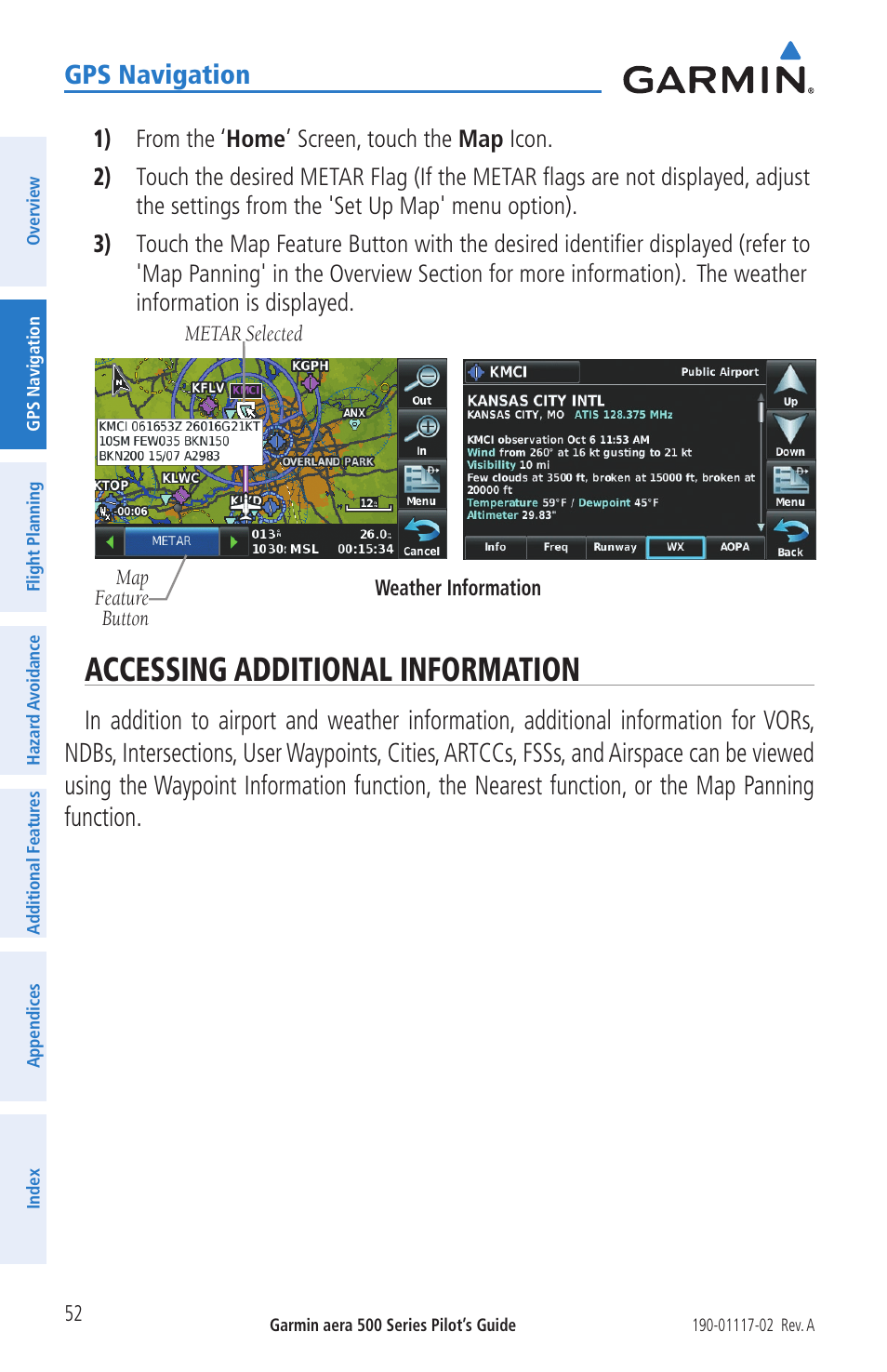 Accessing additional information, Gps navigation | Garmin aera 500 User Manual | Page 64 / 202