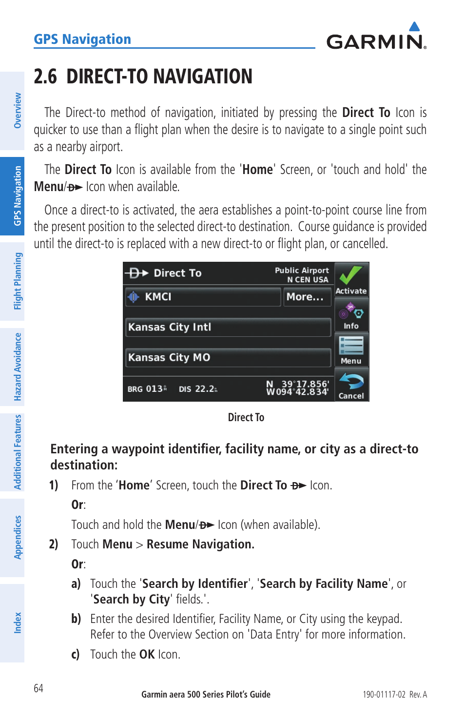6 direct-to navigation, Gps navigation | Garmin aera 500 User Manual | Page 76 / 202