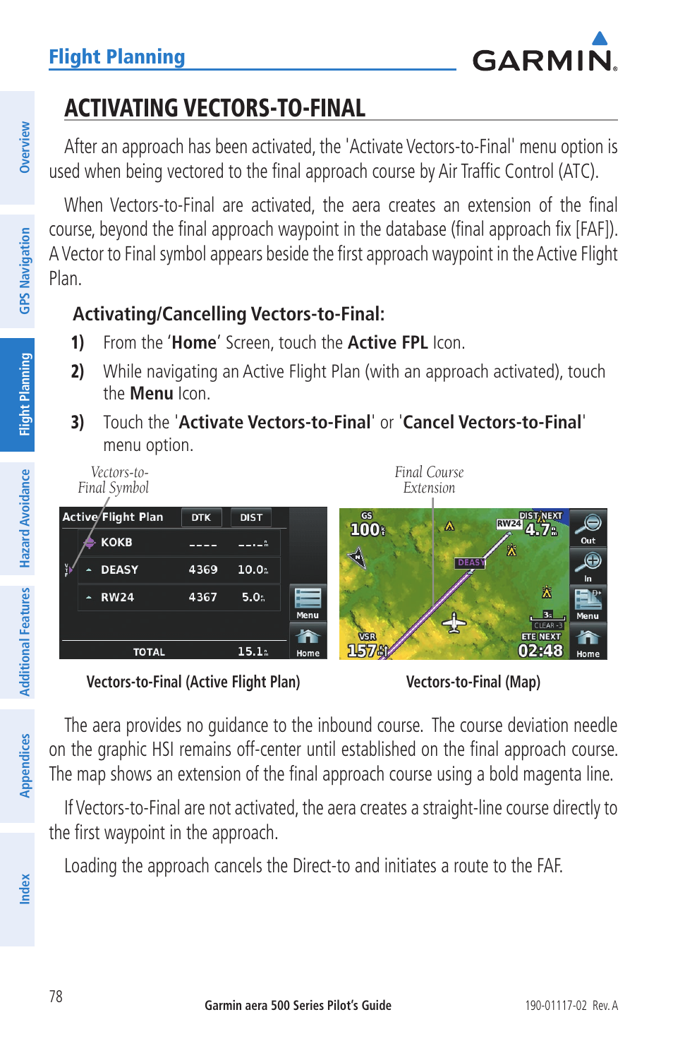 Activating vectors-to-final, Flight planning | Garmin aera 500 User Manual | Page 90 / 202