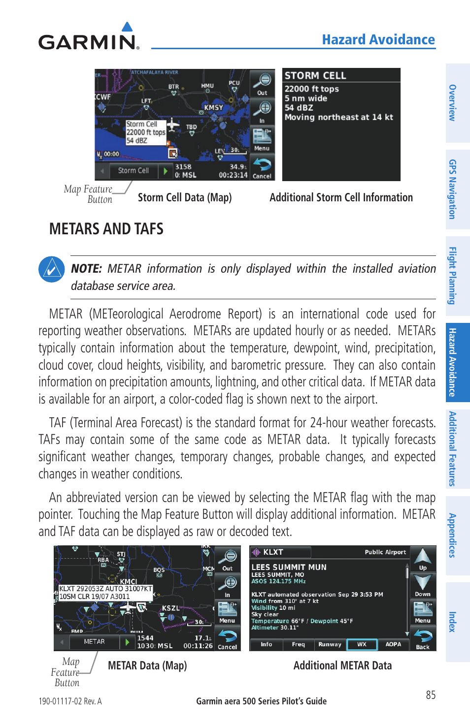 Metars and tafs, Hazard avoidance | Garmin aera 500 User Manual | Page 97 / 202
