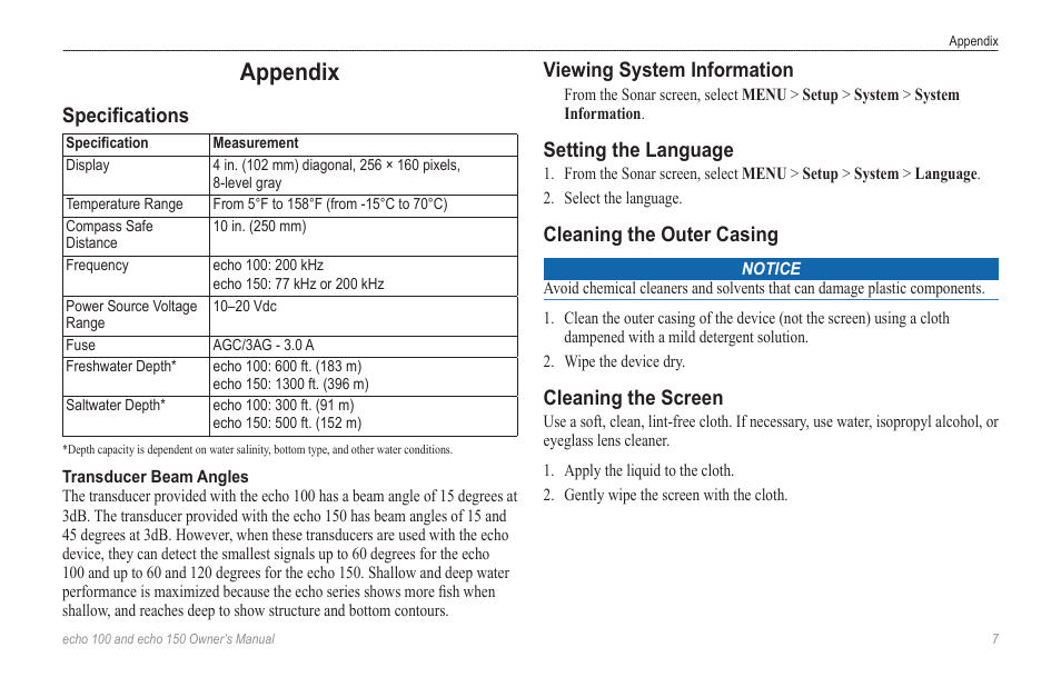 Appendix, Specifications, Viewing system information | Setting the language, Cleaning the outer casing, Cleaning the screen | Garmin echo 100 User Manual | Page 9 / 12