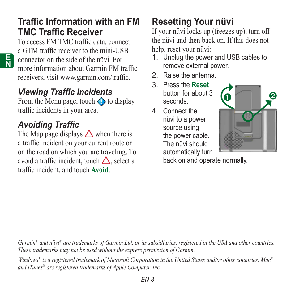 Resetting your nüvi, Viewing traffic incidents, Avoiding traffic | Garmin nuvi 350 EN User Manual | Page 10 / 92