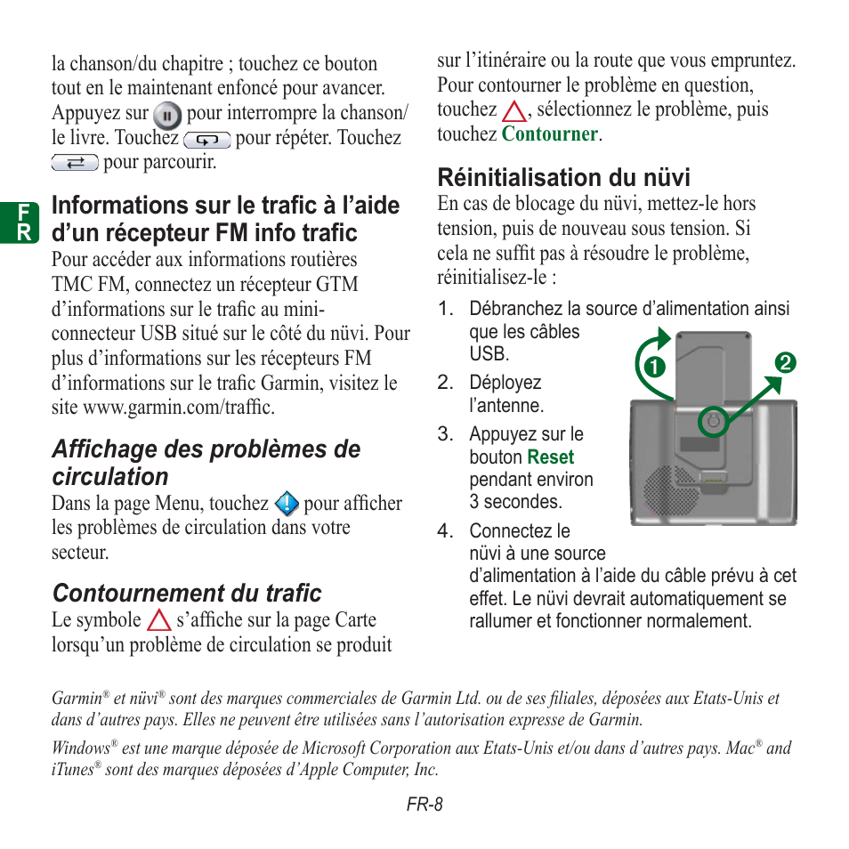 Affichage des problèmes de circulation, Contournement du trafic, Réinitialisation du nüvi | Garmin nuvi 350 EN User Manual | Page 18 / 92