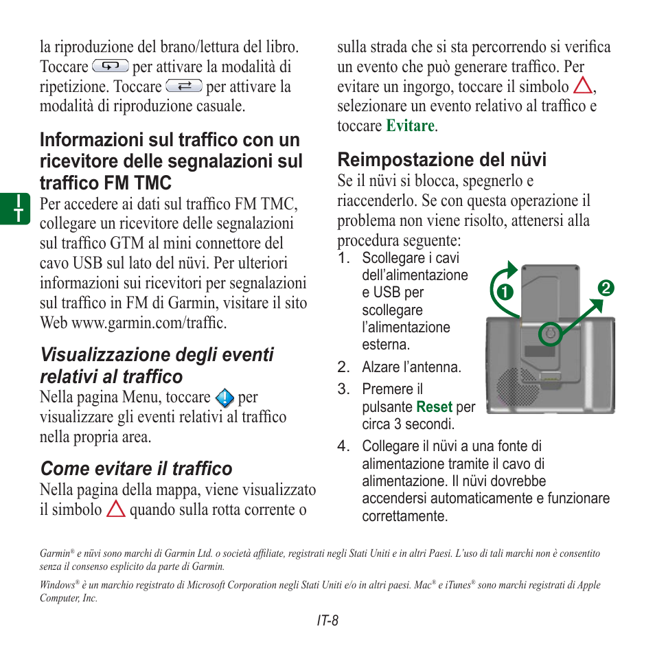 Visualizzazione degli eventi relativi al traffico, Come evitare il traffico, Reimpostazione del nüvi | Garmin nuvi 350 EN User Manual | Page 26 / 92