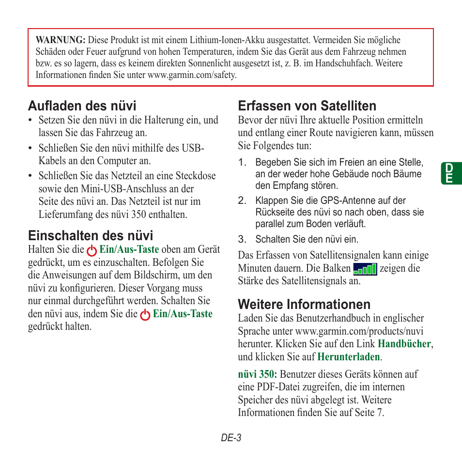 Aufladen des nüvi, Einschalten des nüvi, Erfassen von satelliten | Weitere informationen | Garmin nuvi 350 EN User Manual | Page 29 / 92