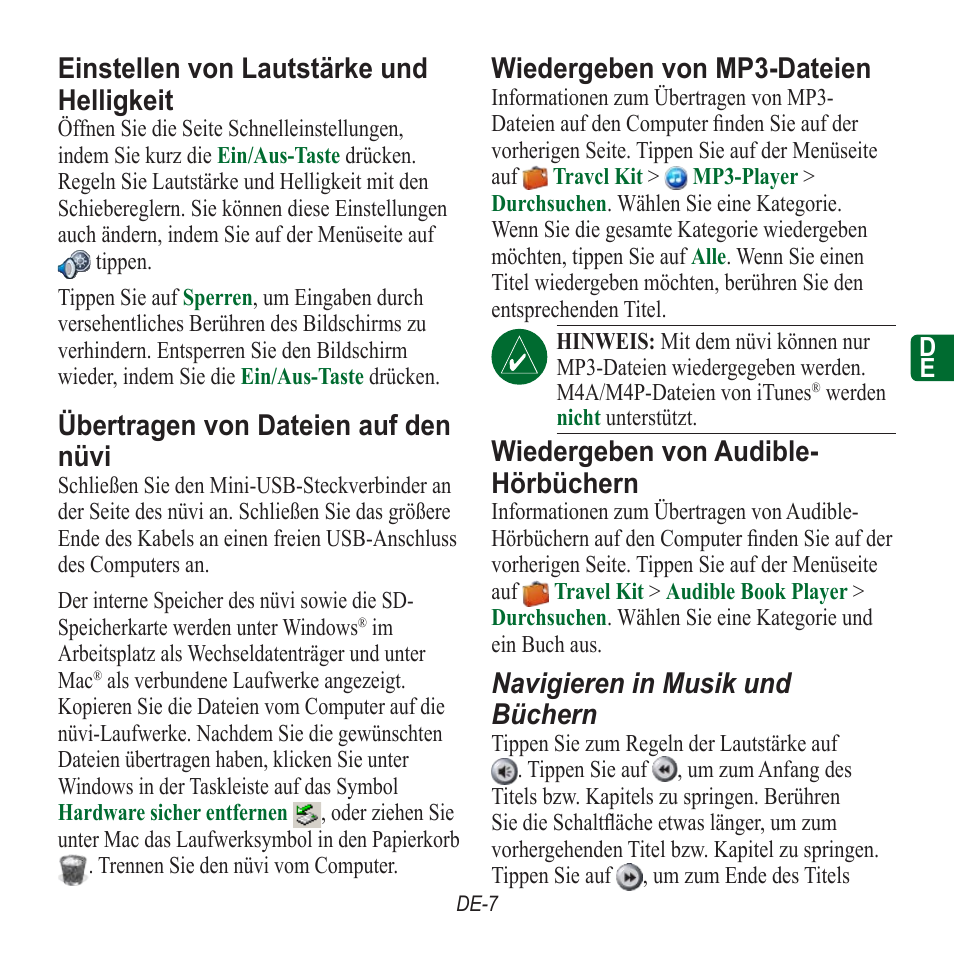 Einstellen von lautstärke und helligkeit, Übertragen von dateien auf den nüvi, Wiedergeben von mp3-dateien | Wiedergeben von audible- hörbüchern, Navigieren in musik und büchern | Garmin nuvi 350 EN User Manual | Page 33 / 92